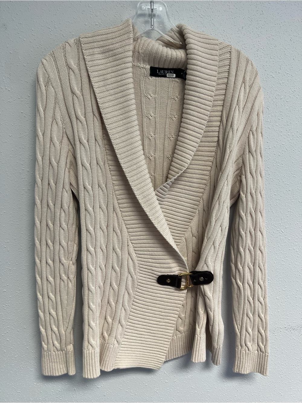 Lauren Ralph Lauren Cream Cable-Knit Shawl Collar Cardigan with Buckle